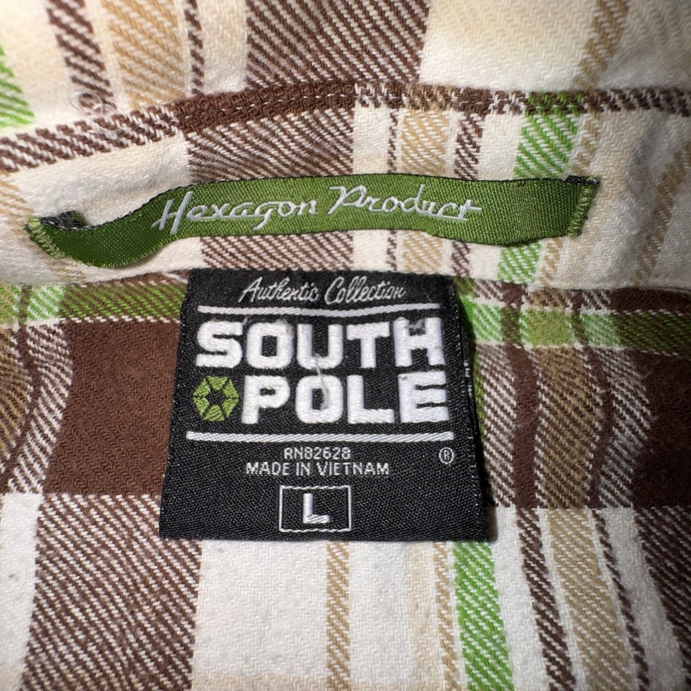 Y2K‎ South Pole Large Flannel Plaid Button Down Long Sleeve Brown Green Shirt - Picture 3 of 8